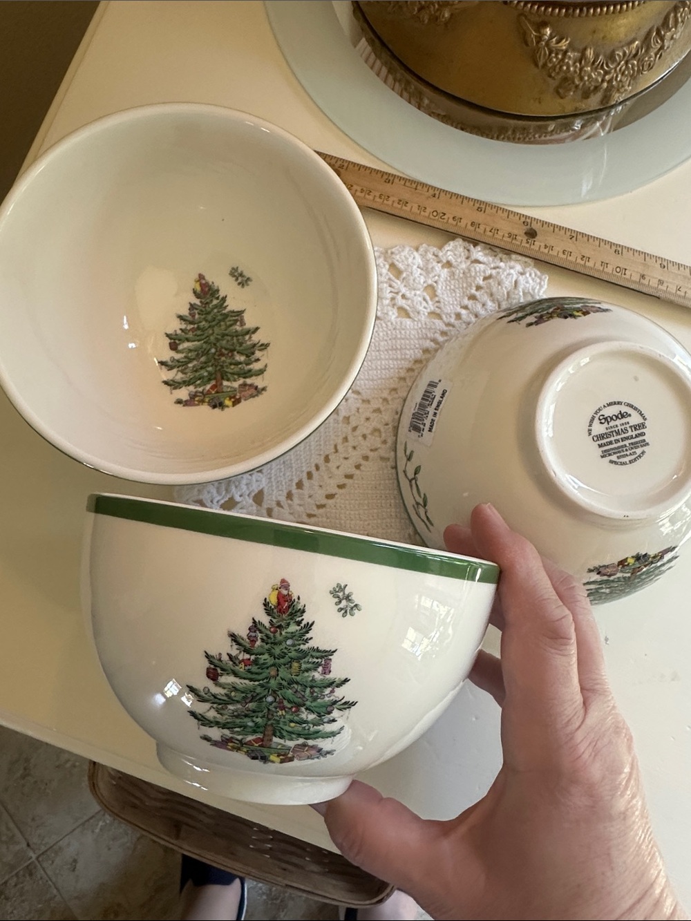 Spode White Ceramic Christmas Tree Bowl with Green Trim